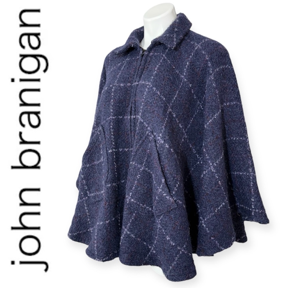 John Branigan Weavers Ireland Poncho Cape Jacket Blue Plaid Wool Tweed Boucle OS - Picture 2 of 16